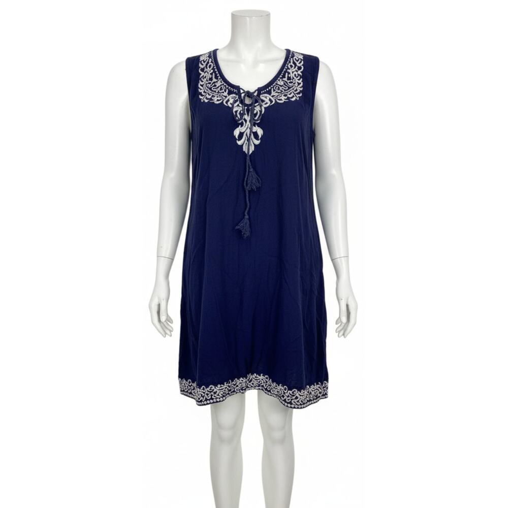 Cute Options Dress S Blue White Embroider Sleeveless VNeck Y2K Prairie Boho Chic